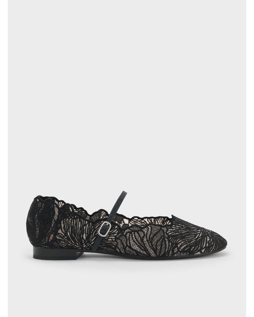 Charles & Keith Black Meja Floral Mary Jane Flats