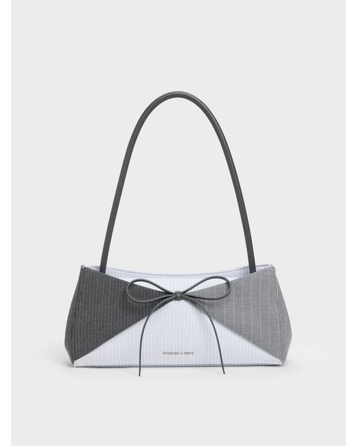 Charles & Keith White Hazel Striped Bow Panelled Shoulder Bag