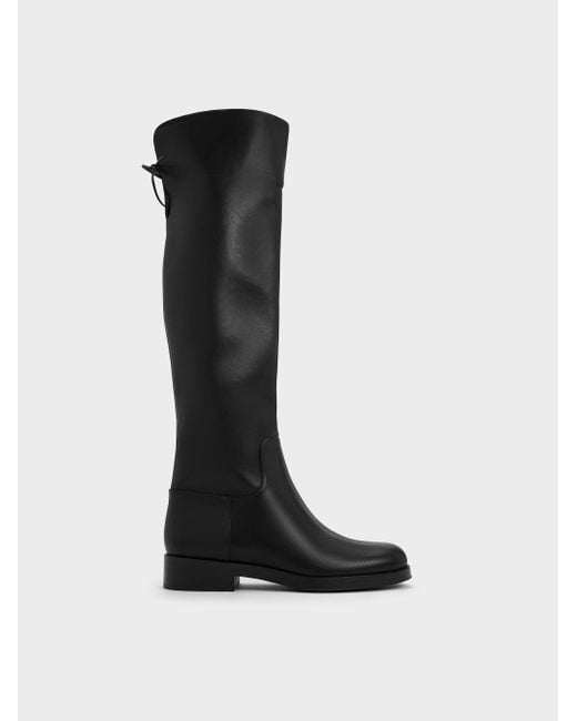 Charles & Keith Black Fold-Over Back-Tie Thigh-High Boots