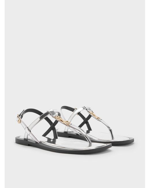 Charles & Keith White Metallic-accent Thong Sandals