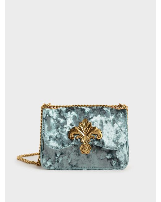 Charles & Keith Blue Meriah Velvet Chain Strap Crossbody Bag