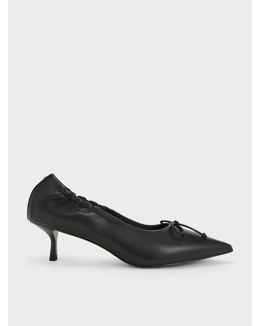 Charles & Keith Black Leather Ruched Pointed Kitten Heels