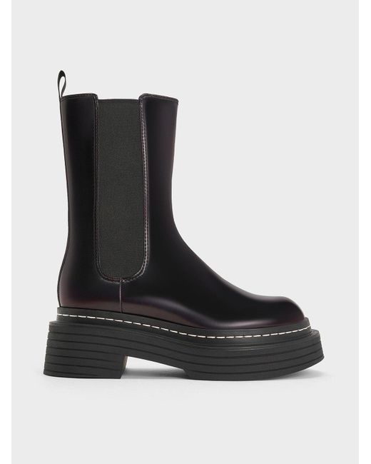 Charles & Keith Black Stitch-Trim Platform Mid-Calf Chelsea Boots