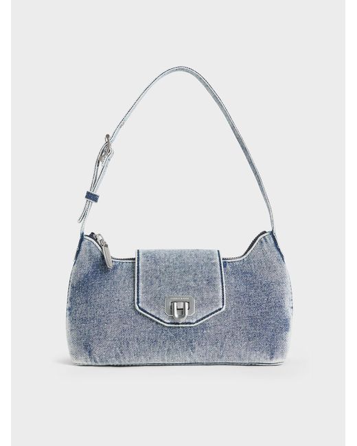 Charles & Keith Blue Arwen Denim Belted Shoulder Bag
