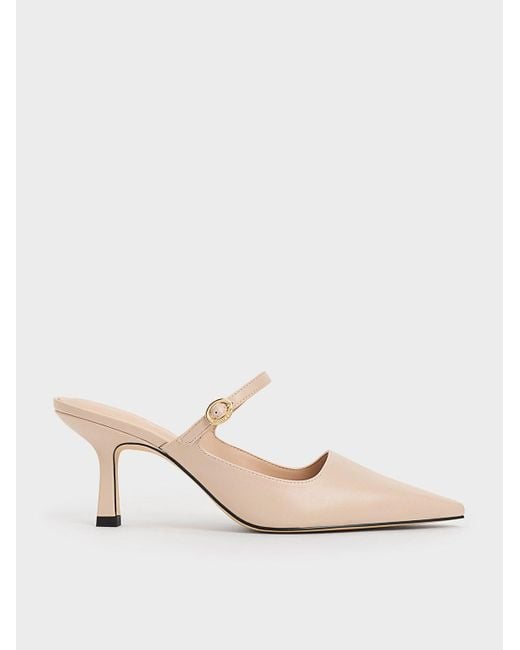 Charles & Keith Natural Buckle-strap Heeled Mules