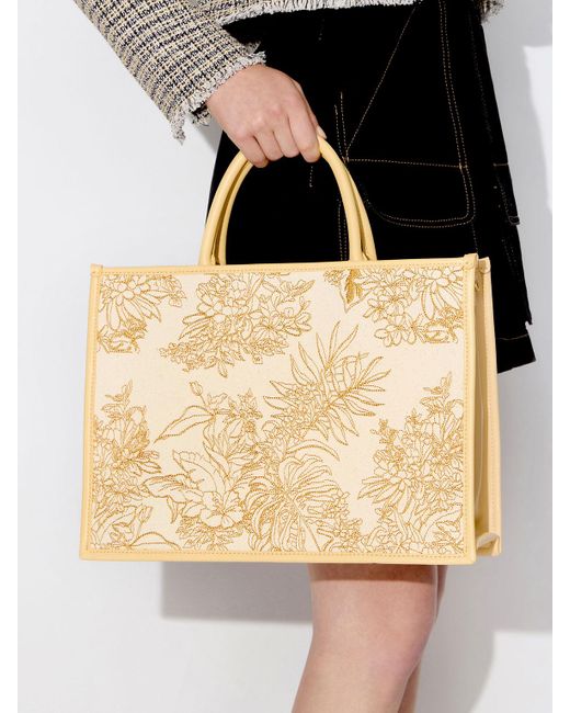 Charles & Keith Natural Floral Illustrated Canvas Tote Bag