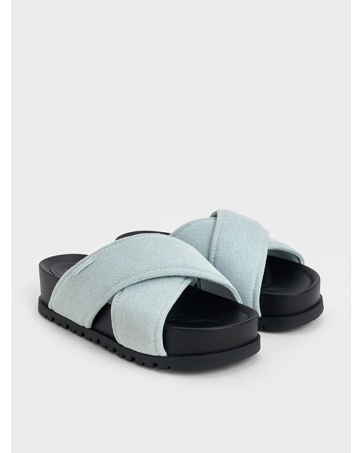 Charles & Keith Blue Denim Crossover-Strap Flatform Sandals