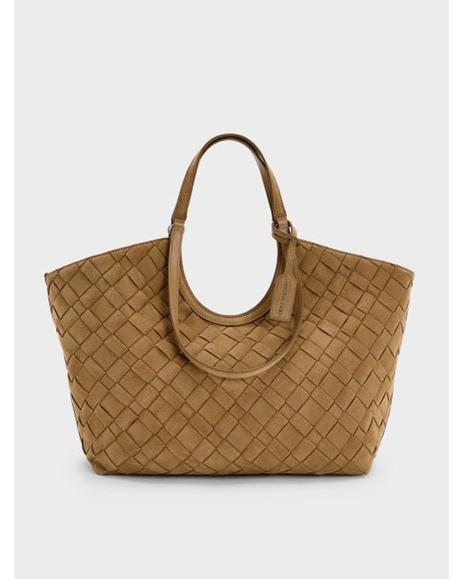 Charles & Keith Brown Ivette Recycled Suede Woven Tote Bag