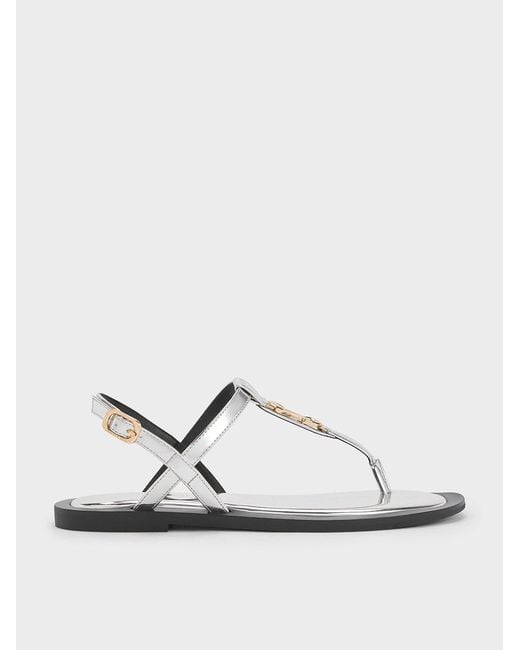 Charles & Keith White Trifina Metallic-accent Thong Sandals