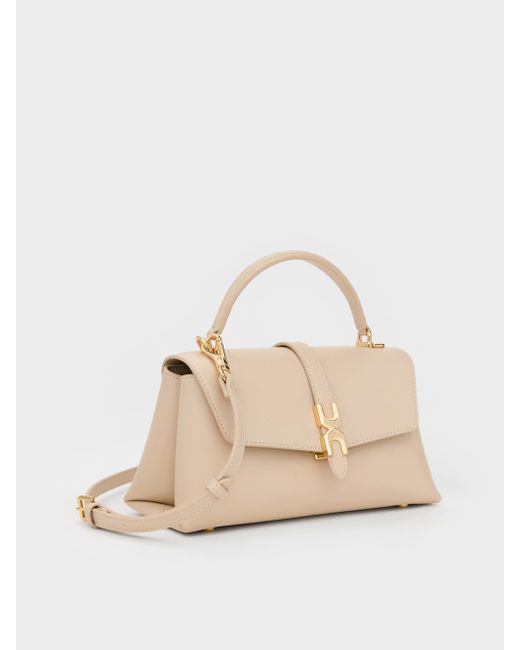 Charles & Keith Natural Adalyn Metallic-Buckle Chain-Strap Top Handle Bag
