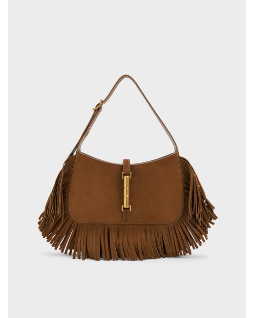 Charles & Keith Brown Cesia Metallic-Accent Fringed Shoulder Bag