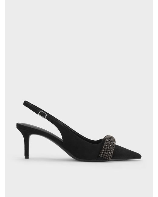 Charles & Keith Black Faux Suede Crystal Pointed Slingback Pumps