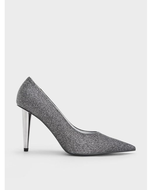 Charles & Keith Gray Glittered Cone-Heel Pointed-Toe Pumps