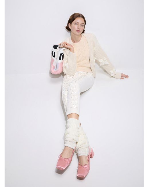 Charles & Keith Pink Satin Bow Square-Toe Slingback Pumps