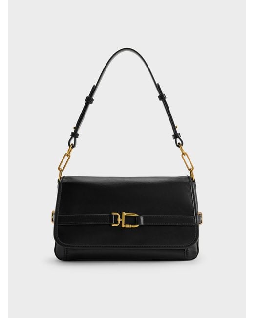 Charles & Keith Black Gwynne Metallic-buckle Belted Shoulder Bag