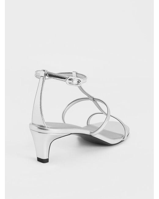 Charles & Keith White Metallic T-Bar Kitten-Heel Ankle-Strap Sandals