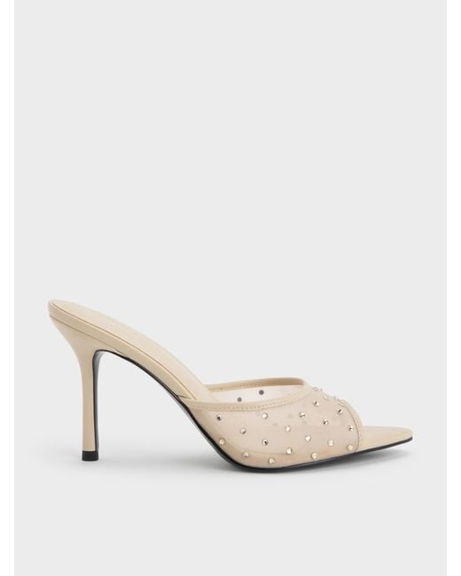 Charles & Keith Natural Mesh Crystal Peep-Toe Heeled Mules