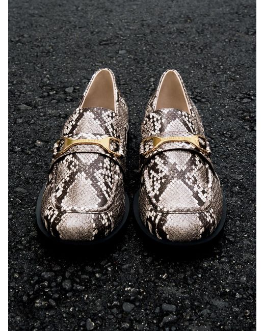 Charles & Keith Gray Snake-print Metallic-accent Loafers