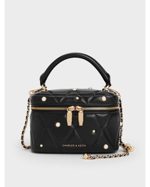 Charles Keith Arwen Quilted Pearl-Embellished Top Handle Vanity