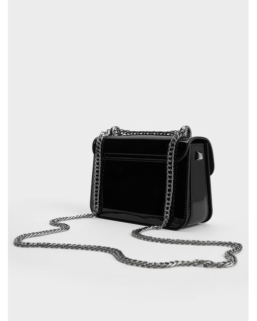 Charles & Keith Black Alia Patent Chain-strap Crossbody Bag