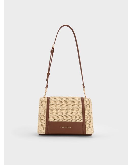 Charles & Keith White Shalia Raffia Chain-Strap Shoulder Bag