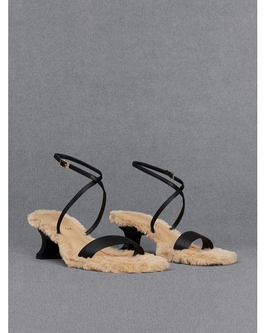 Charles & Keith Black Leather Fur-lined Ankle-strap Heeled Sandals