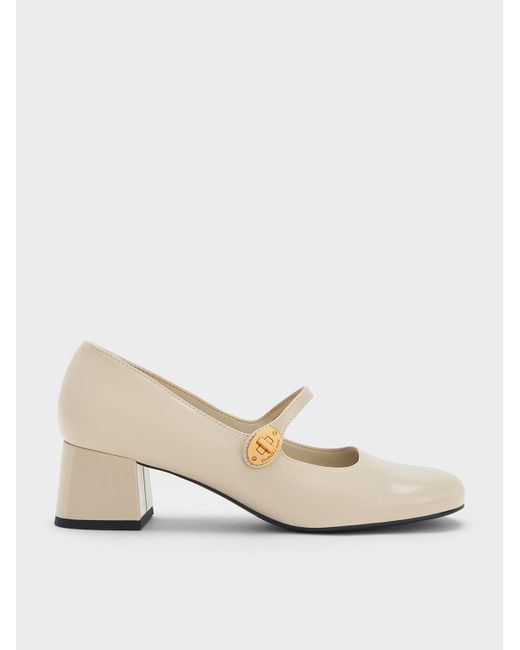 Charles & Keith Natural Hettie Patent Metallic-buckle Block-heel Mary Janes