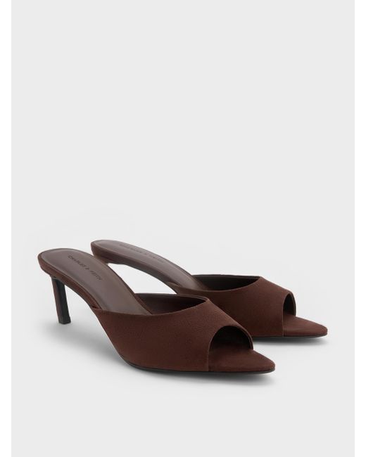 Charles & Keith Brown Faux Suede Pointed Peep-Toe Heeled Mules