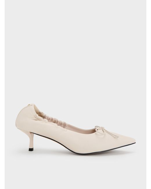 Charles & Keith Natural Leather Ruched Pointed Kitten Heels