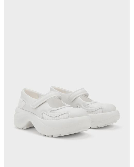 Charles & Keith White Mesh Curved Platform Mary Jane Sneakers