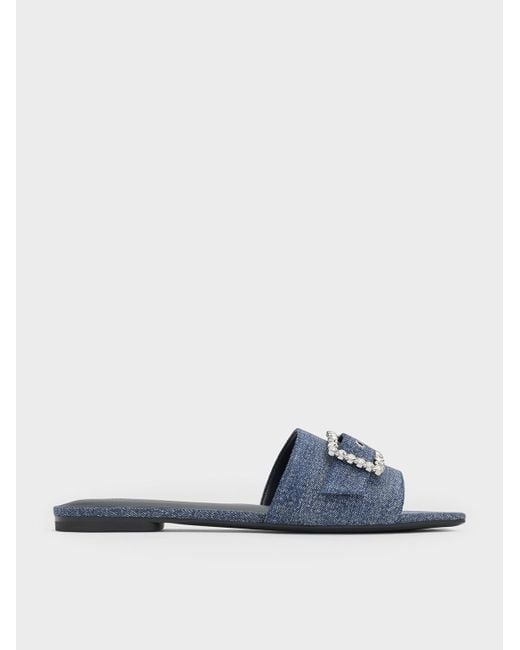 Charles & Keith Blue Denim Gem-buckle Square-toe Slide Sandals