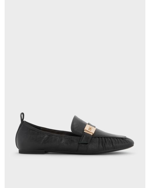 Charles & Keith Black Cody Leather Ruched Loafers