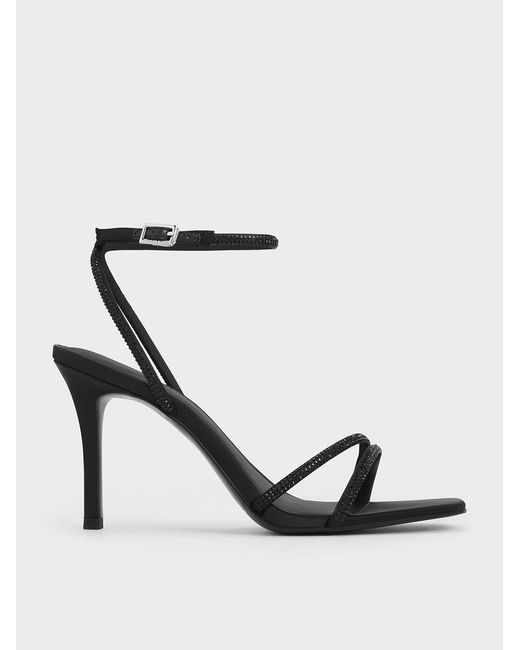 Charles & Keith White Satin Crystal-Embellished Asymmetric Heeled Sandals