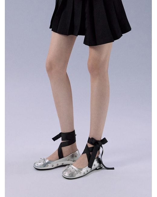 Charles & Keith Black Margot Metallic Grommet Tie-Around Ballet Flats