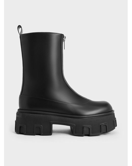 Charles & Keith Black Zip-up Platform Calf Boots