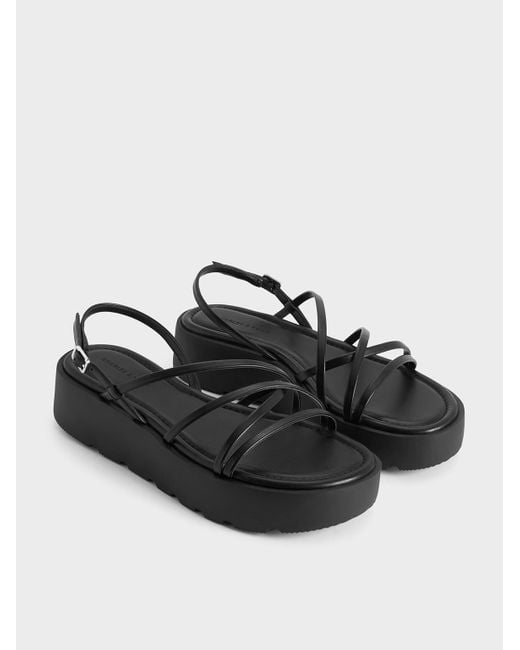 Charles & Keith Black Strappy Ridged-Sole Flatform Sandals