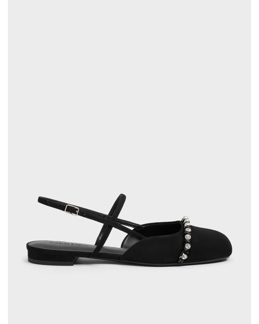 Charles & Keith White Faux Suede Crystal Slingback Flats