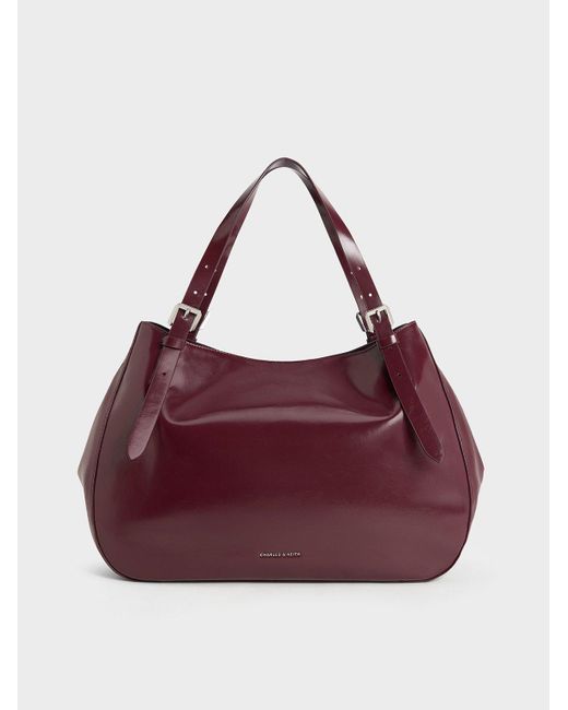 Charles & Keith Purple Buckle-strap Slouchy Tote Bag