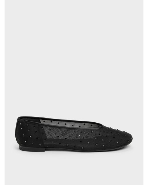 Charles & Keith Black Mesh Crystal Ballet Flats