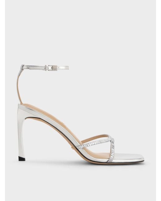 Charles & Keith White Jaylene Metallic Leather Gem Stiletto Sandals