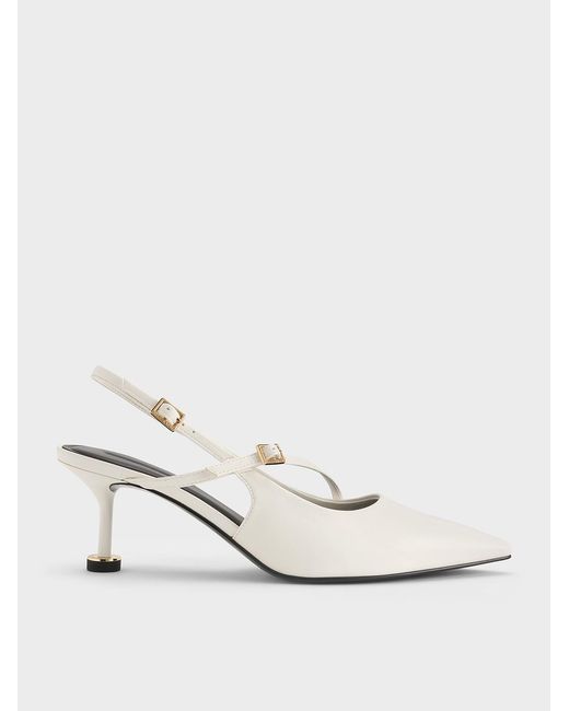 Charles & Keith White Wynn Buckled Sculptural-Heel Slingback Pumps