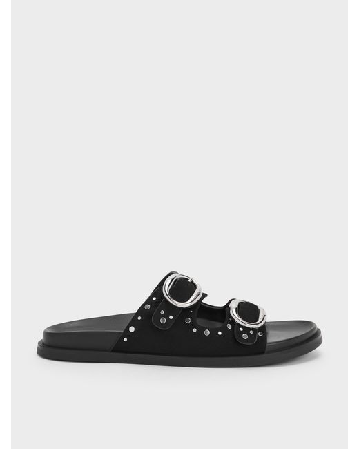 Charles & Keith Black Studded Buckled Double-Strap Slides
