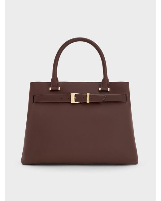 Charles & Keith Brown Voyager Leather Belted Tote Bag