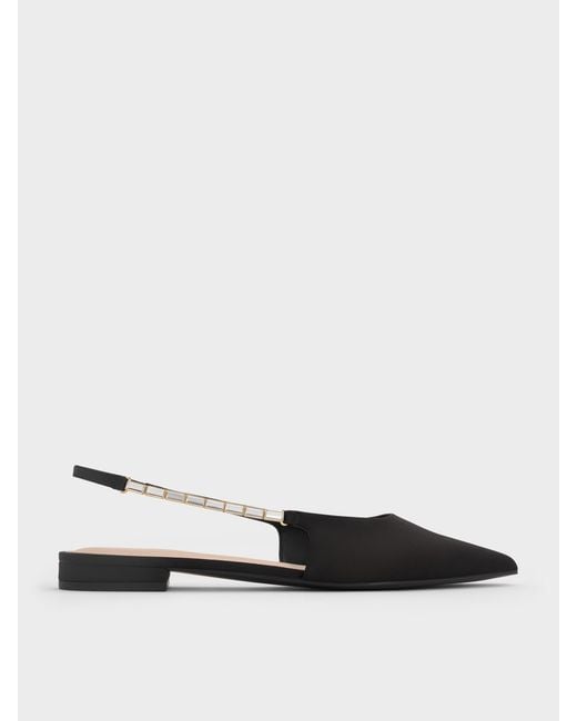 Charles & Keith White Satin Crystal-Embellished Strap Slingback Flats