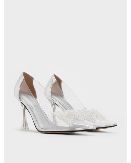 Charles & Keith White See-through Beaded Bow Pumps