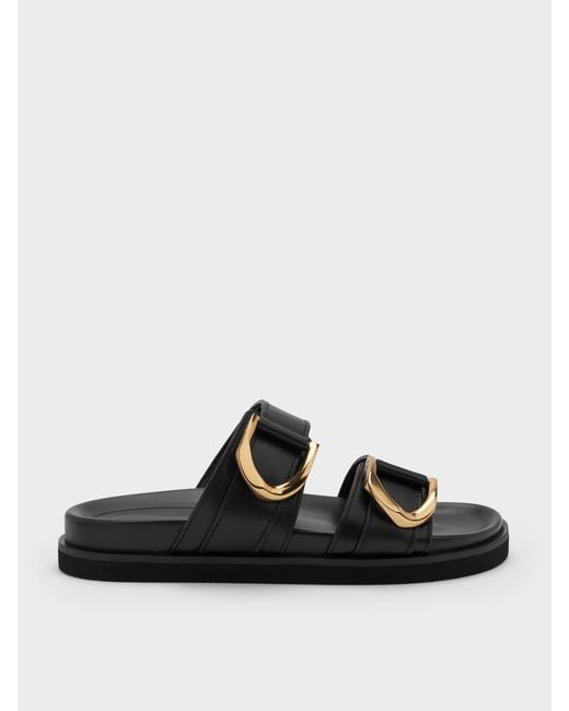 Charles & Keith Black Gabine Gold-buckle Leather Slides