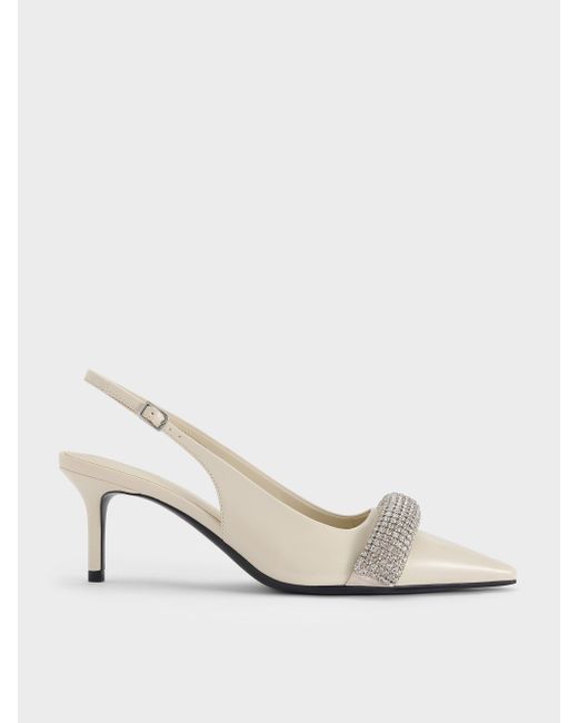 Charles & Keith White Crystal-Embellished Pointed-Toe Slingback Pumps