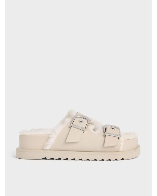 Charles & Keith Natural Hannah Furry Buckled Double-Strap Sandals