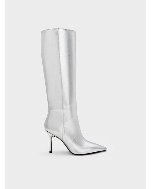 Charles & Keith White Metallic Pointed-Toe Stiletto-Heel Knee-High Boots