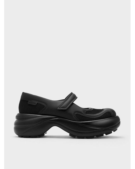 Charles & Keith Black Mesh Curved Platform Mary Jane Sneakers